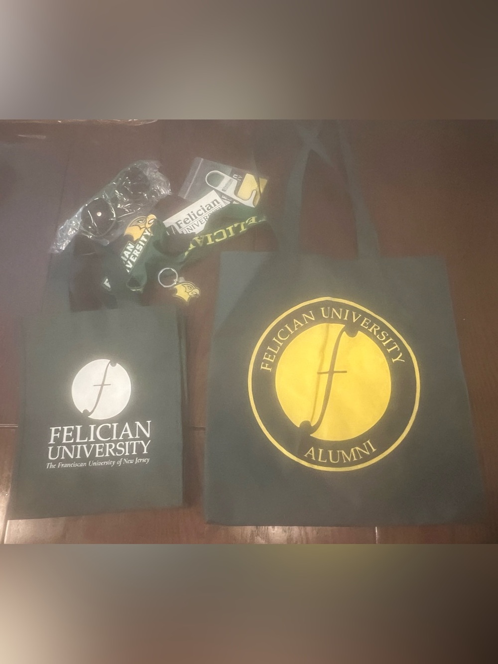 Felician University Green Fabric Tote Bags (2 Bags) with Branded Accessories